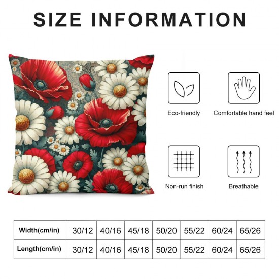 Ulloord Red Poppy Throw Pillow Covers Romantic Garden Flowers Red Poppies with White Daisies Insect Bee Design Pillow Cushion Cover Decor Outdoor Sofa