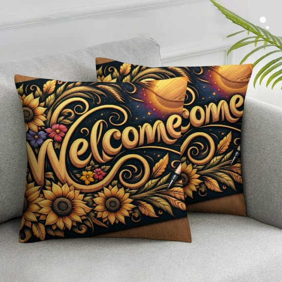 Ulloord Oil Painting Sunflowers Decor Throw Pillow Covers Colorful Vintage Flower Blooming Welcome Word Standard Cushion Case Cover Decor Home Sofa Chair