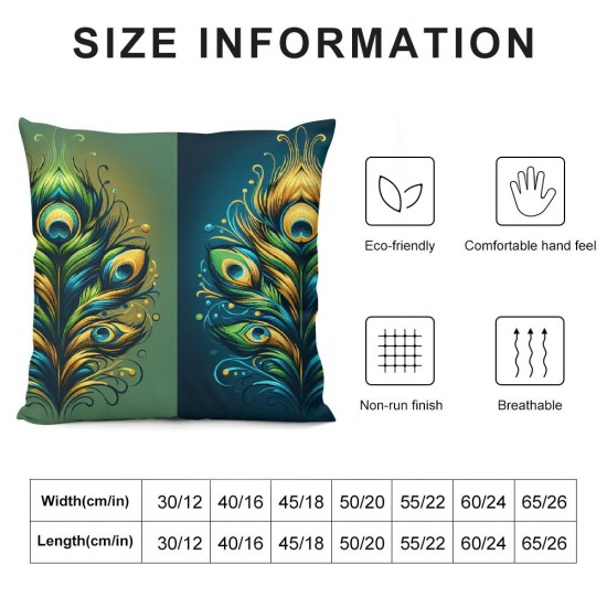 Ulloord Throw Pillow Covers Bright Green Blue Peacock Feathers Design Square Pillowcase for Home Decor Sofa Car Bedroom Pillow case