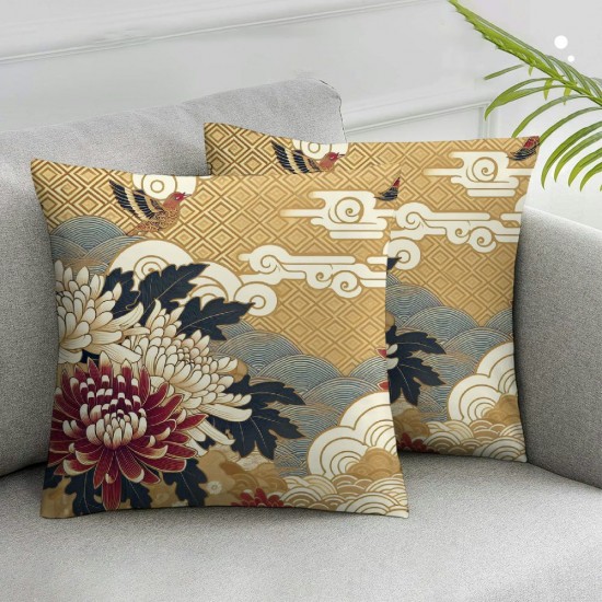 Ulloord Throw Pillow Covers Elegant Flying White Cranes Square Pillowcases for Home Decor Sofa Car Bedroom Abstract Japanese Floral Wave Animal Bird Design Pillow Cases