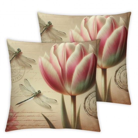 Ulloord  Throw Pillow Covers Flowers Home Protectors Tulip with Dragonflies Pattern Square Pillowcase  Cushion Cover for Home Sofa Car (Tulip with Dragonflies)