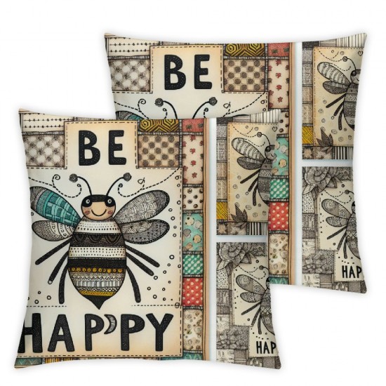 Bee Happy Throw Pillow Case Quote with Bees Retro Wood Plank Green Leaves  Pillow Covers Cushion Cover Square Standard Home Decorative for Couch Sofa Car (Bee)