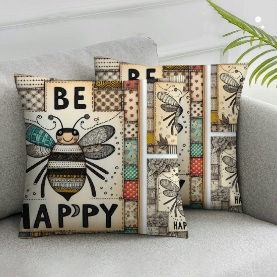 Bee Happy Throw Pillow Case Quote with Bees Retro Wood Plank Green Leaves  Pillow Covers Cushion Cover Square Standard Home Decorative for Couch Sofa Car (Bee)