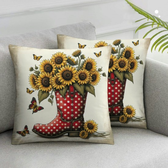 Ulloord Pillow Covers Decorative Cushion Yellow Sunflower with Butterfly Robin Birds Pattern Decor Retro Floral Home for Couch