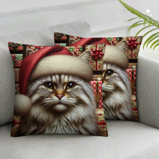 Ulloord Hopyeer Merry Christmas Animals Home Sofa Couch Decoration Throw Pillow Covers Vintage Style Xmas Cute Cat in The Santa Hat Pillowcase  Cushion Cove  (CA-Cat)