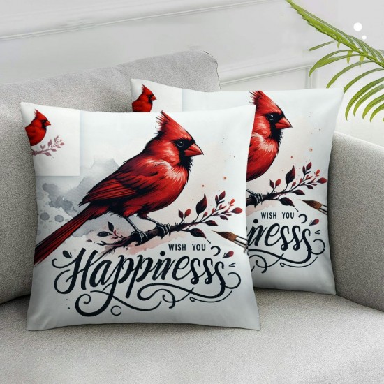 Ulloord Wish You Happiness Cardinal Bird Throw Pillow Covers Merry Christmas Watercolor Birds Winter Holiday Pillow Cases Home Sofa Decor Cushion Cover