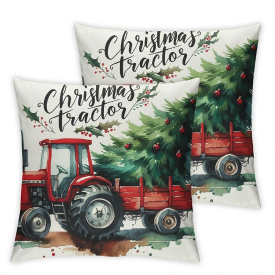 Ulloord Christmas Tractor Theme Decor Throw Pillow Cases Watercolor Red Truck with Santa's Magic Bag Christmas&nbsp;Trees Design Super Soft Cushion Case Cover Decor Festival Party Sofa Chair