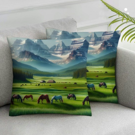 Ulloord Throw Pillow Covers Cute Horses in Field Square Pillowcases for Home Decor Sofa Car Bedroom Green Grassland Towering Mountains Natural Scenery Print Pillow Cases