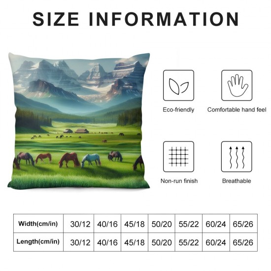 Ulloord Throw Pillow Covers Cute Horses in Field Square Pillowcases for Home Decor Sofa Car Bedroom Green Grassland Towering Mountains Natural Scenery Print Pillow Cases