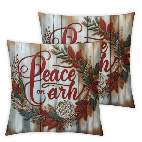 Ulloord Blessing Quote Throw Pillow Covers Peace On Earth with Holly Plant Wreath Holiday Couch Pillow Cases Retro Wood Grain Design Home Decor