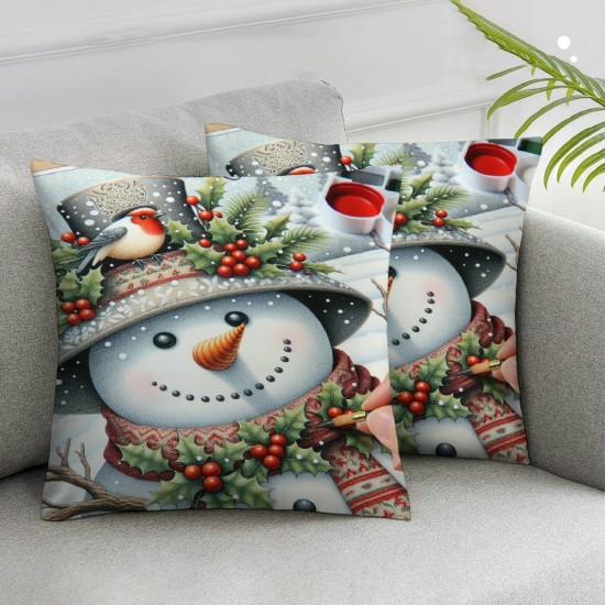 Hello Snowman Pillow Covers Bird's Nest Decor Linen Retro Holiday Throw Pillow Covers for Christmas Decorations (Snowman Theme