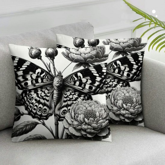 Halloween Skull Pillow Covers Square Decor Black with Flower Butterfly Decoration Throw Pillow Case Cushion Cover for Kitchen Sofa (Skull,