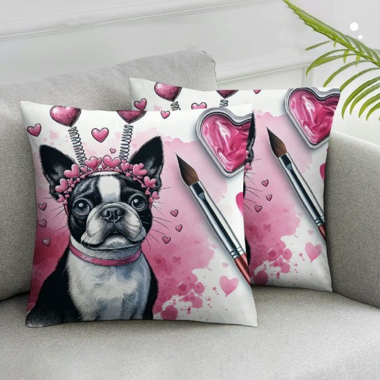 Ulloord Valentines Day Pillow Covers Boston Terrier Dog Farmhouse Sofa Throw Pillowcase Cushion Case Dog Decoration Wedding Anniversary Decor