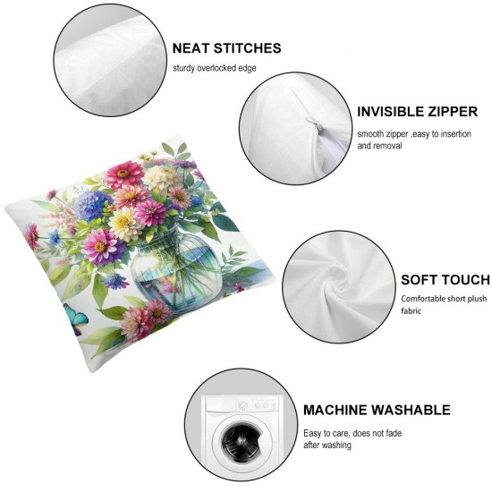 Ulloord Spring Pillow Covers, Floral Mason Jar Spring is in The Air Live Life in Full Bloom Farmhouse Decorative Throw Pillowcases for Home Sofa Couch Decoration